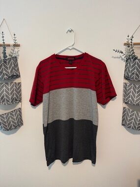 mecca Red, Gray & Black Striped V-Neck Short Sleeve Shirt